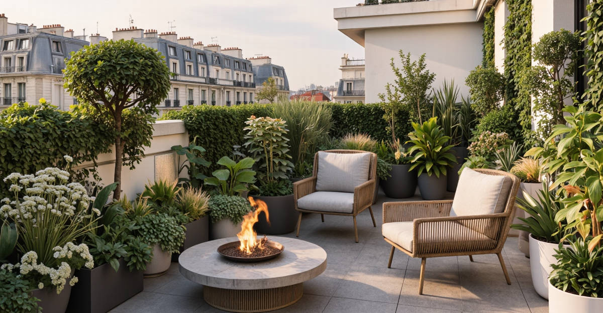 Balcon urbain végétalisé avec jardinières suspendues et plantes grimpantes