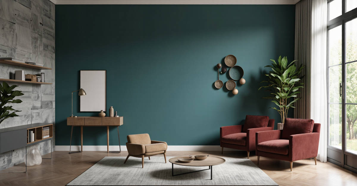 Salon moderne avec couleurs tendance 2026 : mur bleu teal et fauteuil bordeaux