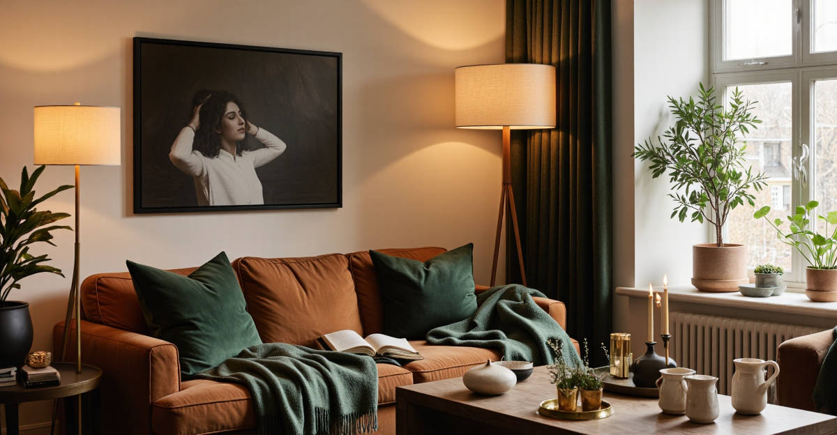 Salon design chaleureux en hiver avec éclairage tamisé et textiles douillets