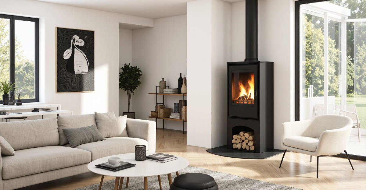 Salon moderne avec poêle à bois design scandinave et décoration épurée