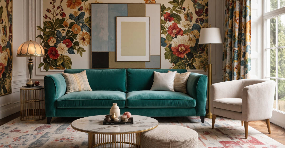 Salon maximaliste avec canapé velours émeraude, papier peint floral et accumulation d'objets déco