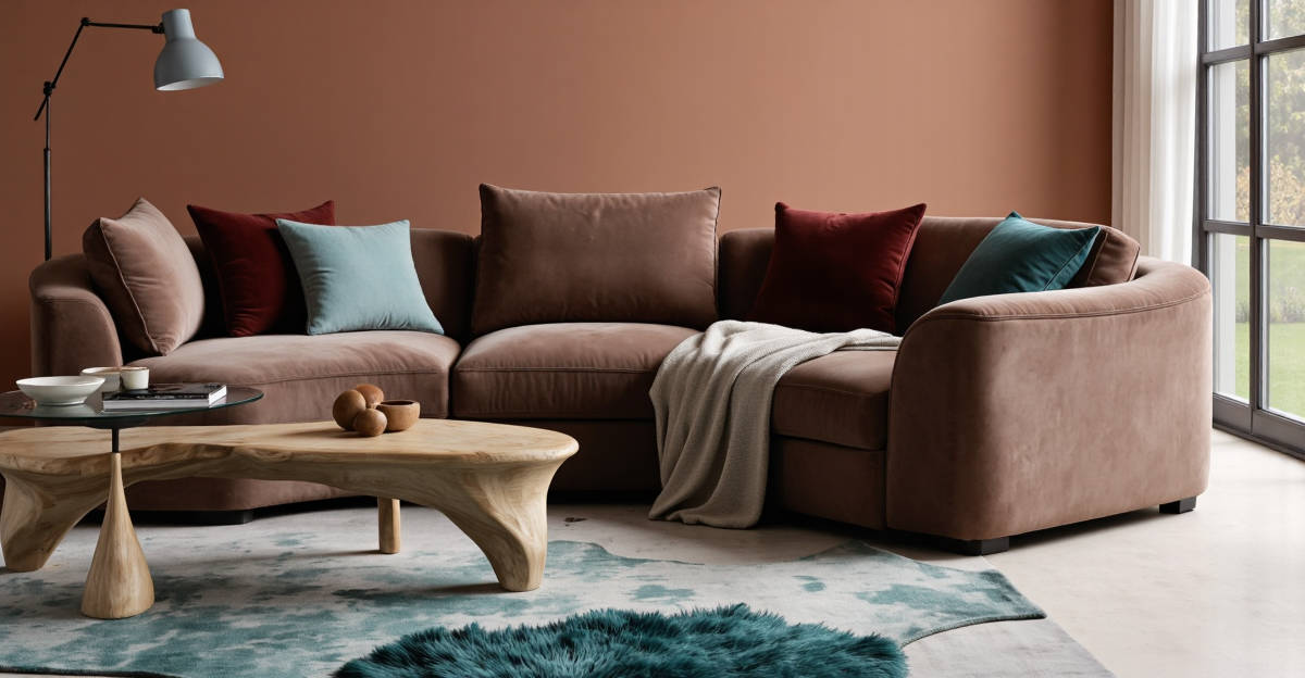Salon tendance 2026 avec canapé velours Mocha Mousse et formes arrondies