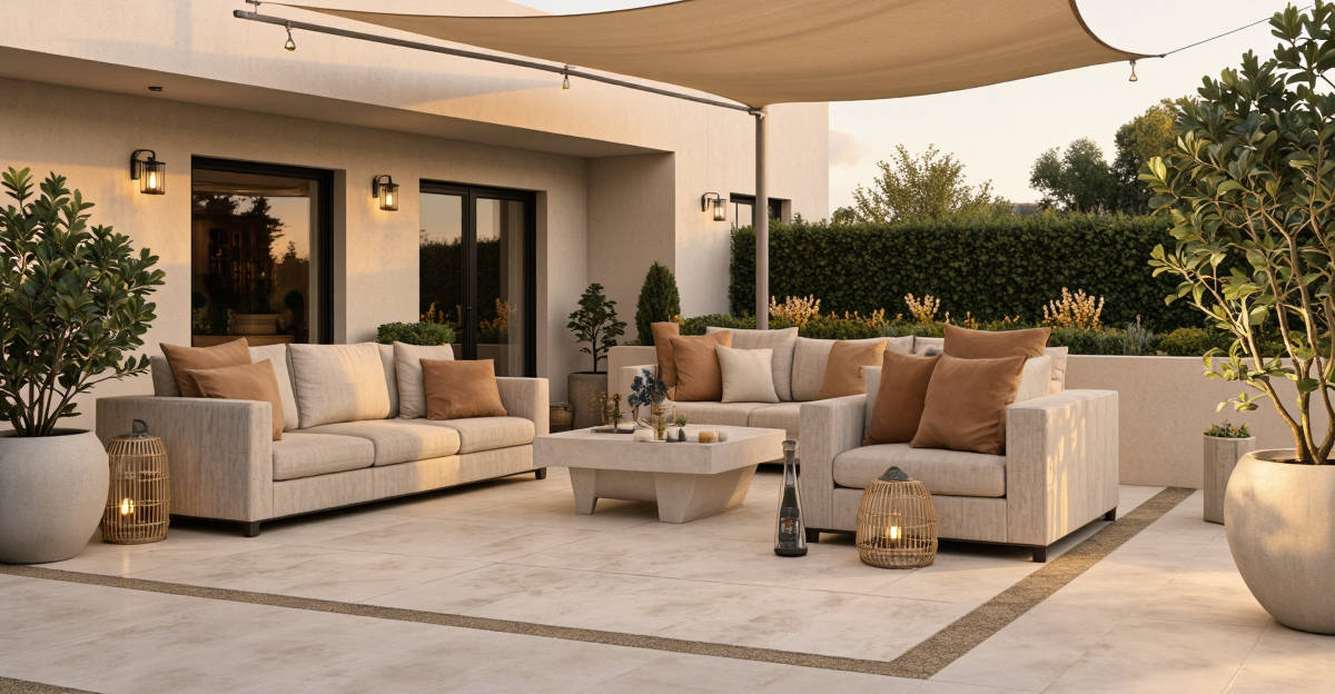 Terrasse moderne 2026 avec mobilier beige, coussins terracotta et plantes méditerranéennes