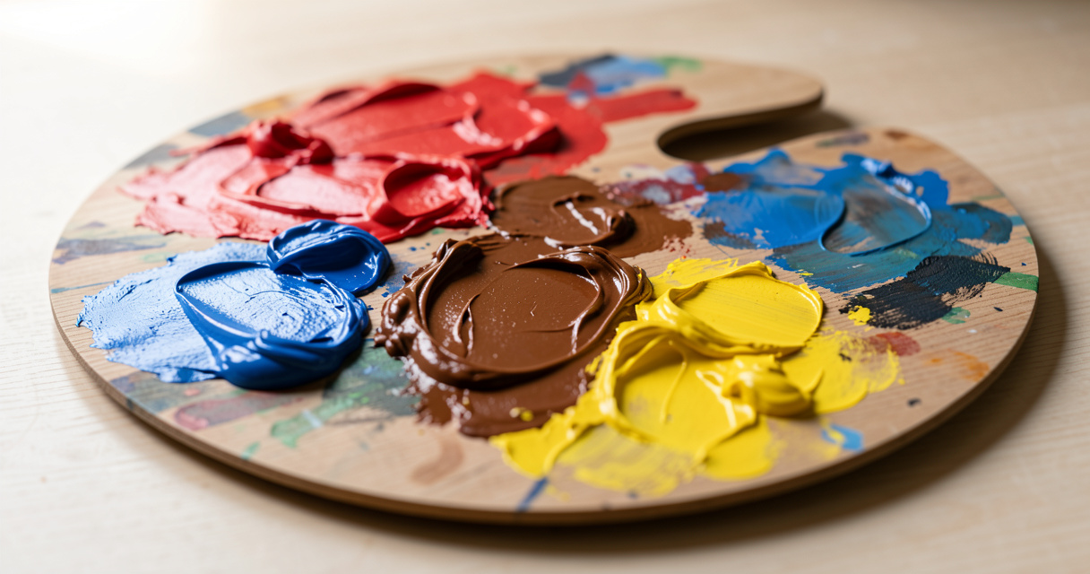 Palette de peinture avec mélange de rouge bleu jaune pour obtenir du marron parfait