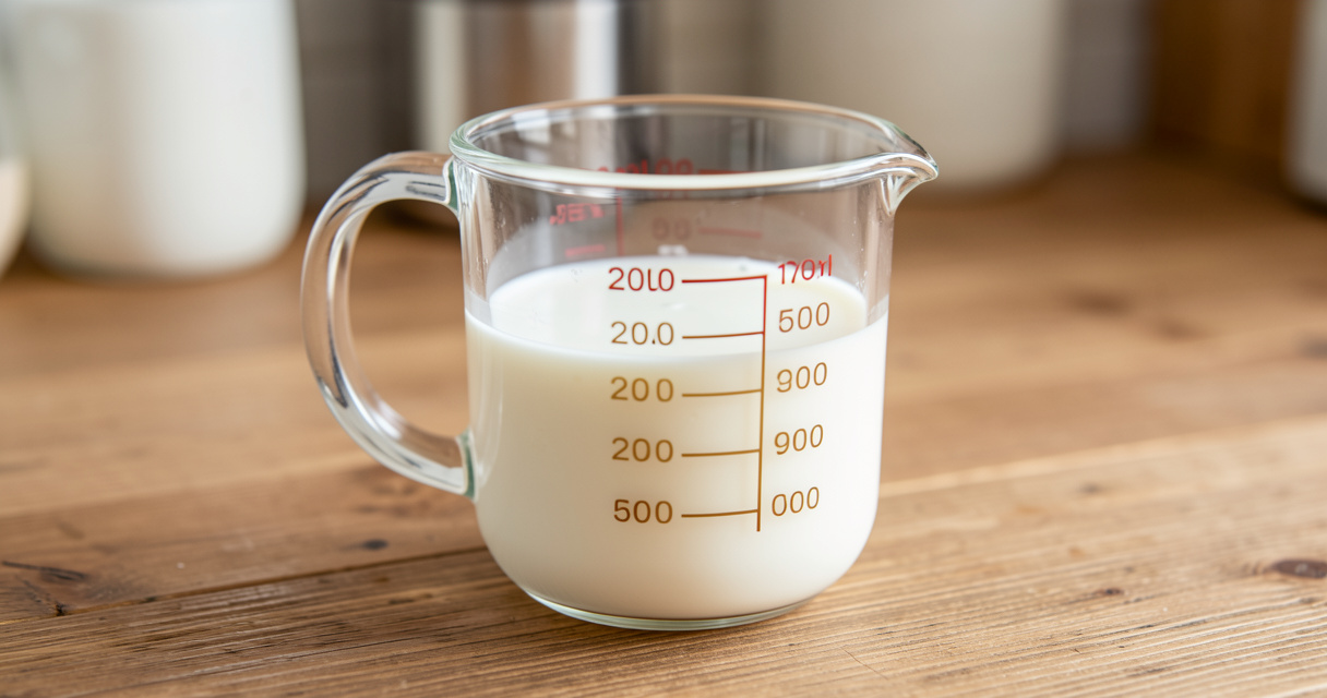 Verre doseur transparent contenant 200 ml de lait pour la conversion 20 cl en ml