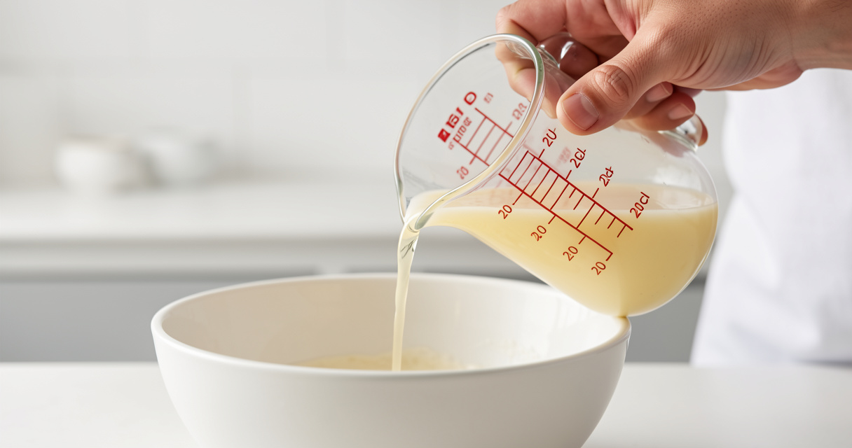 Main versant un liquide dans un bol, éprouvette graduée indiquant 20 cl pour mesure précise