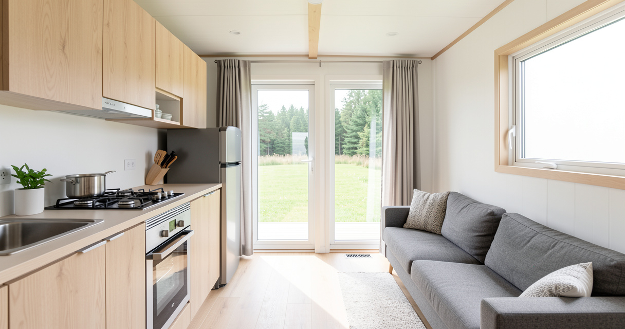 Intérieur lumineux d'une tiny house moderne avec cuisine équipée et couchage, budget accessible pour petit espace.