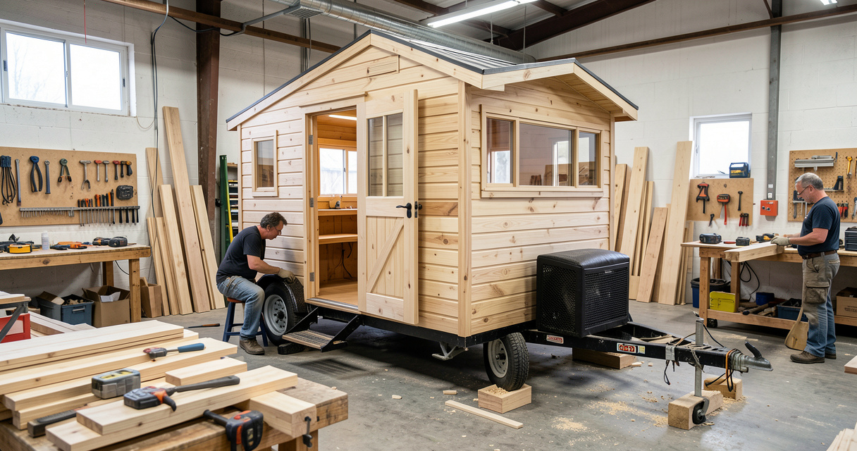 Construction artisanale d'une tiny house sur roues en atelier, étape d'autoconstruction pour réduire le coût total.