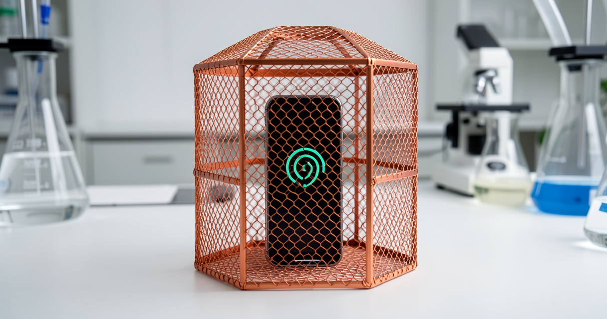 Cage de Faraday en grillage de cuivre bloquant le signal d'un smartphone