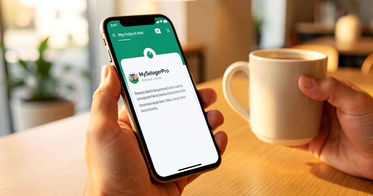 Smartphone affichant une notification de nouveau lead reçu via l’application MySeLogerPro