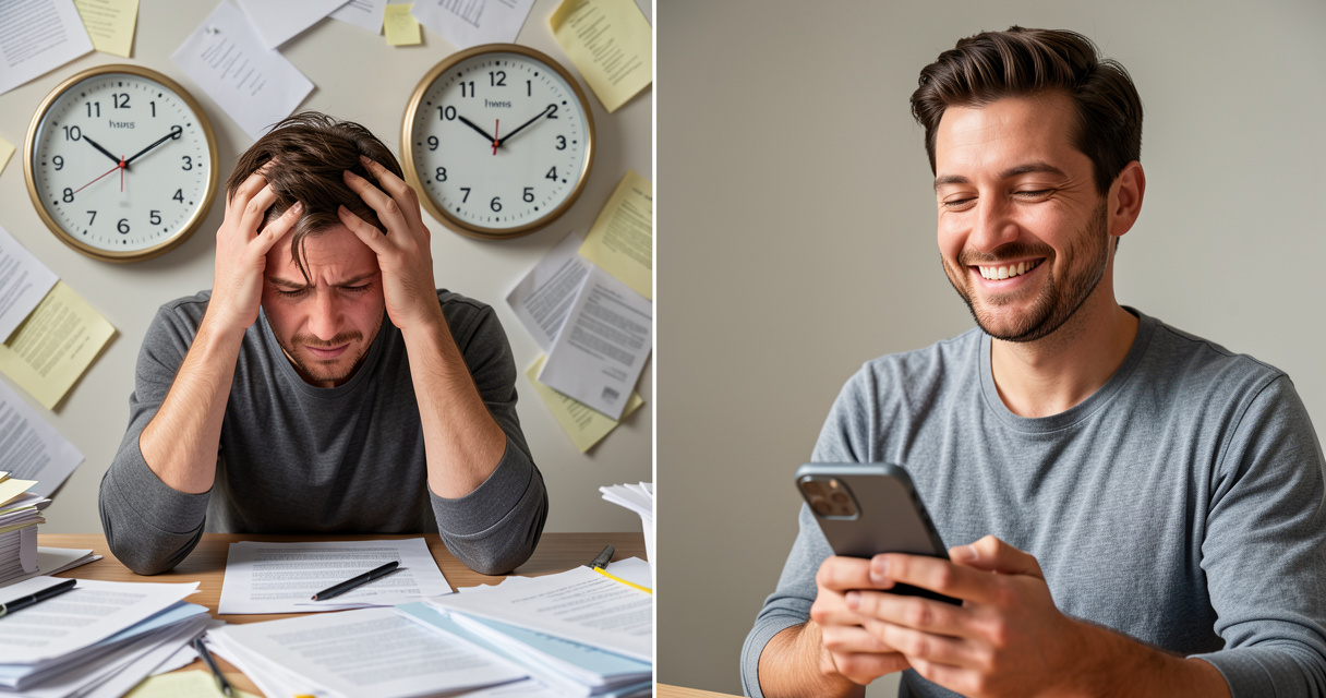 Personne déstressée après avoir économisé du temps sur ses démarches administratives grâce à un service en ligne