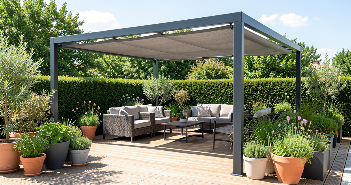 Pergola aluminium anthracite Brico Dépôt 3x3 mètres avec toile coulissante sur terrasse moderne