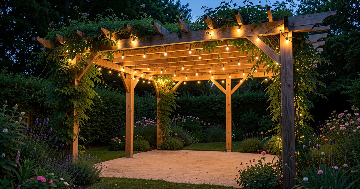 Pergola bois Brico Dépôt classe 3 installée dans un jardin verdoyant avec plantes grimpantes