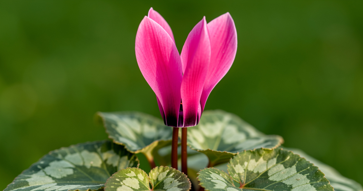 Gros plan sur une fleur de cyclamen persicum rose aux pétales réfléchis et feuilles marbrées