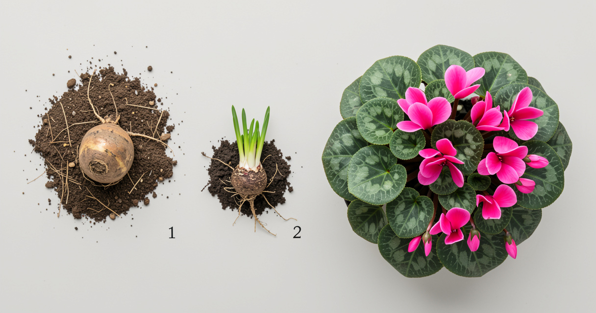 Étapes de la dormance du cyclamen : tubercule au repos, nouvelles pousses, puis floraison complète
