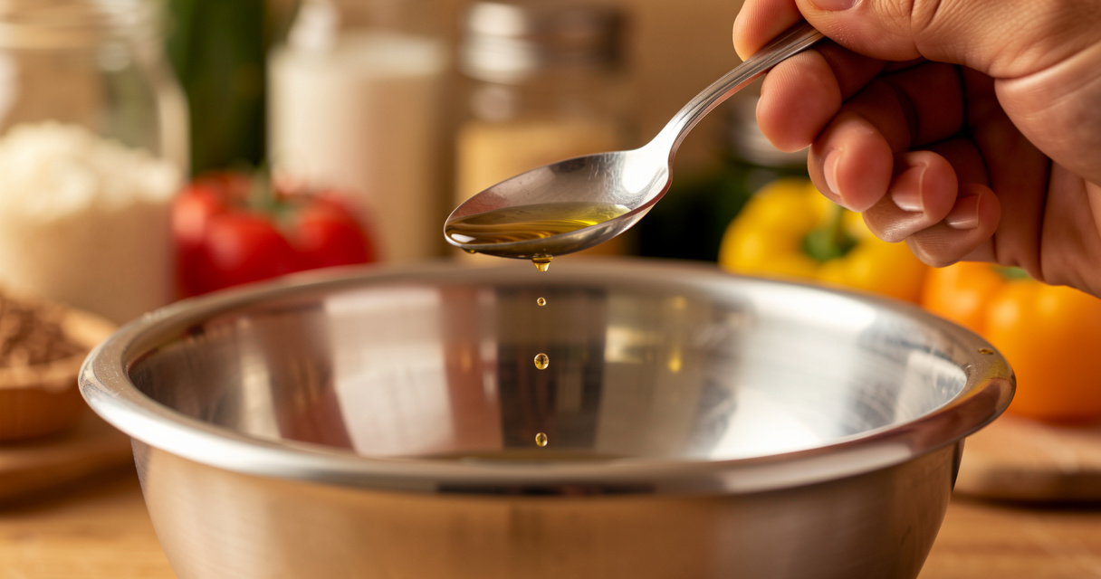 Main versant de l'huile dans une cuillère doseuse astuce mesurer 5 cl sans verre doseur