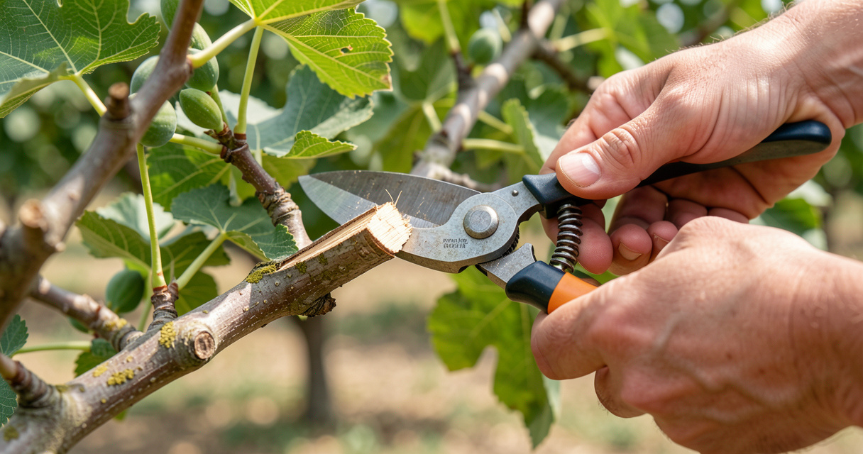 Coupe nette d'une branche de figuier avec un sécateur