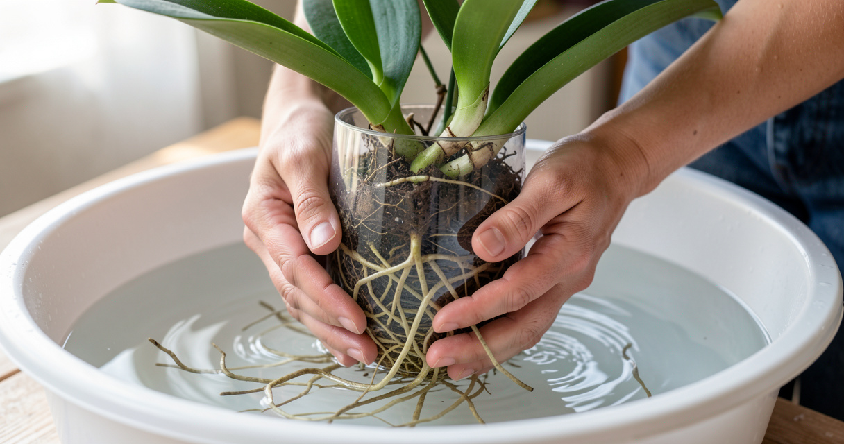 Méthode de trempage d'une orchidée dans une bassine d'eau pour un arrosage optimal