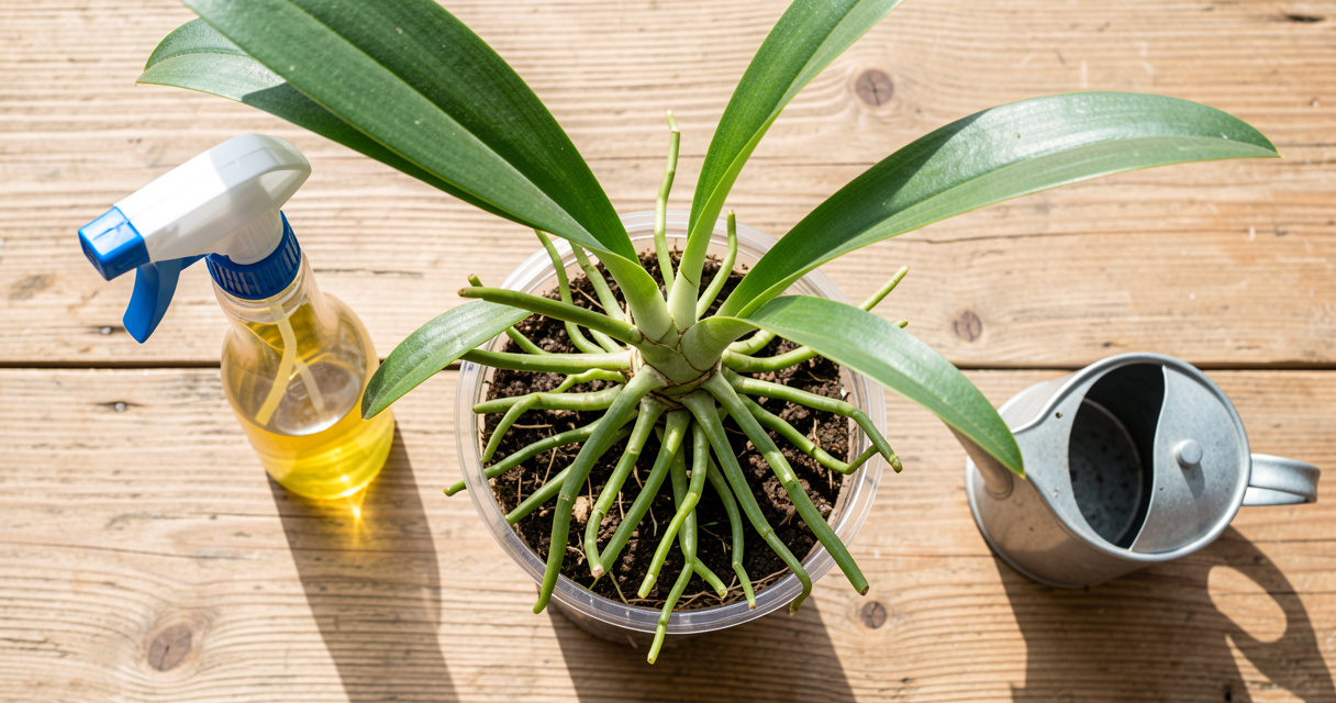 Racines d'orchidée en bonne santé après un arrosage adapté avec vaporisateur et arrosoir