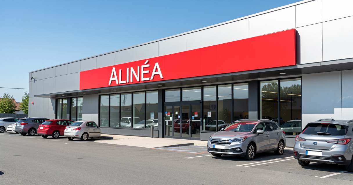 Façade d’un magasin Alinéa avec enseigne rouge, vue extérieure