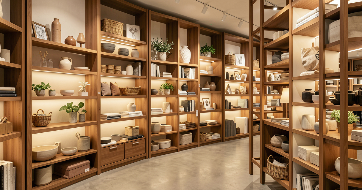 Rayons décoration intérieure d’un magasin Alinéa avec objets sur étagères