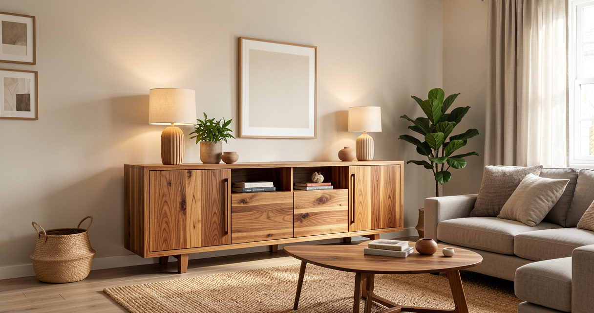 Salon contemporain avec console en bois tropical FSC de la marque LdeO&Co