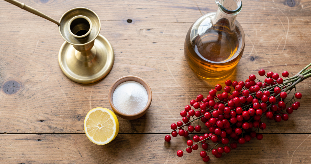 Ingrédients naturels pour nettoyer le laiton : vinaigre, bicarbonate, citron