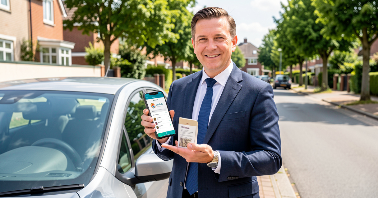 Agent immobilier utilisant l'application My SeLoger Pro sur smartphone en extérieur, fonctionnalités mobiles