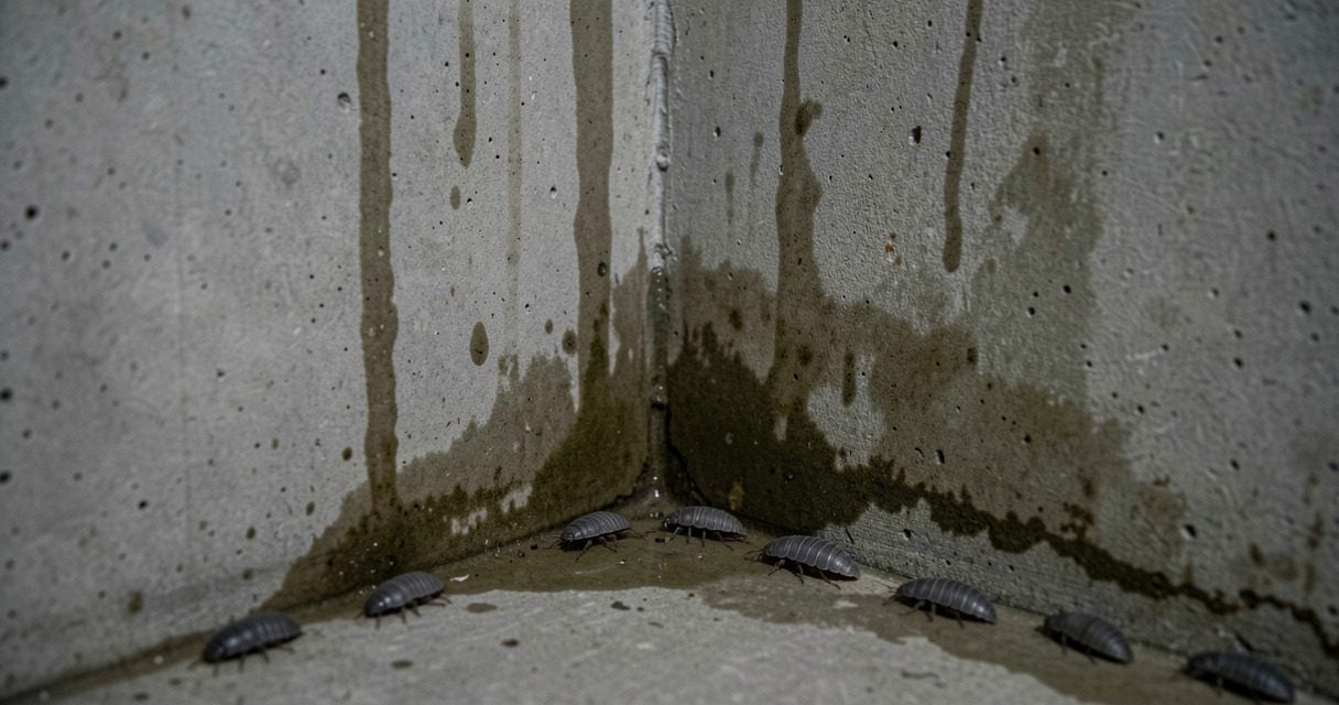 Cave humide avec traces d'eau et cloportes contre le mur