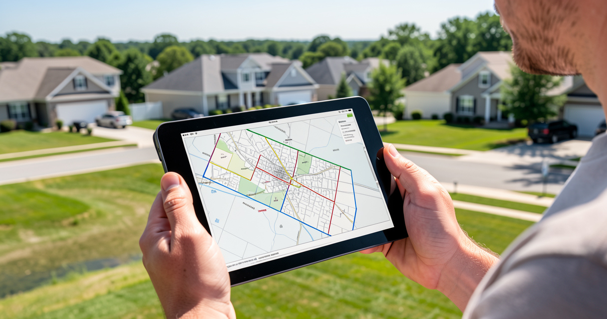Consultation du plan cadastral sur une tablette avec vue aérienne du quartier