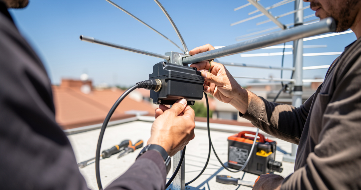 Installation d'un amplificateur d'antenne TV sur un toit pour améliorer la réception TNT