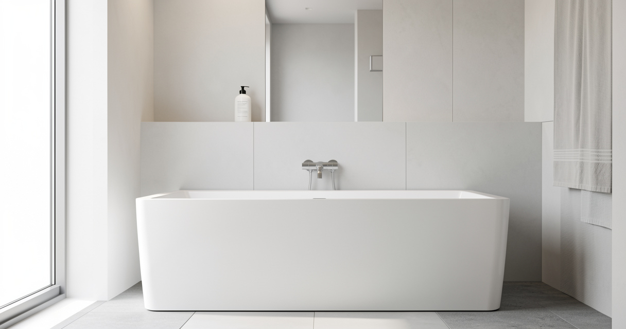 Baignoire rectangulaire blanche de taille standard 170x75 cm dans une salle de bain moderne