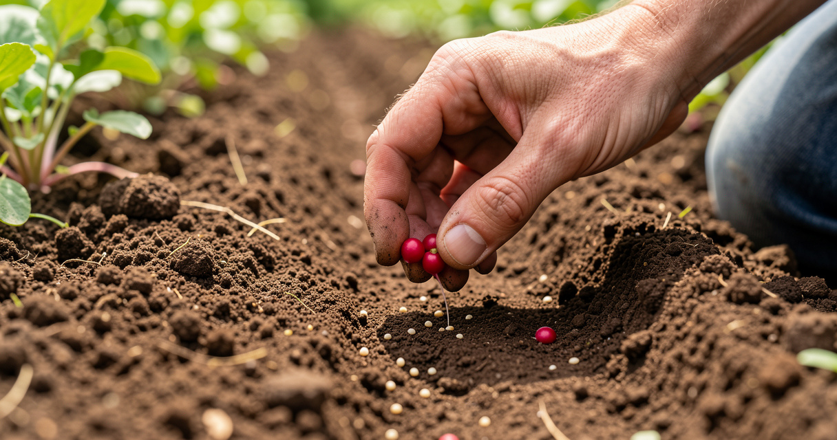 Main d'un jardinier qui sème des graines de radis dans un sillon de terre préparée