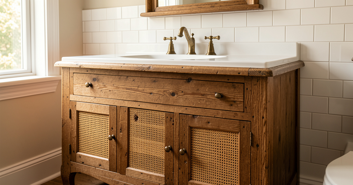 Meuble de salle de bain vintage en bois de chêne avec tiroirs en cannage et vasque céramique blanche