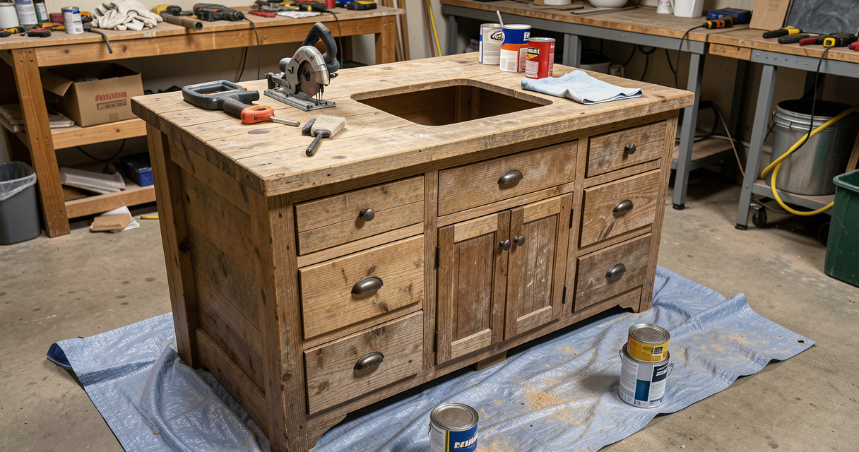 Commode ancienne rénovée en meuble vasque avec plateau découpé et outils de bricolage