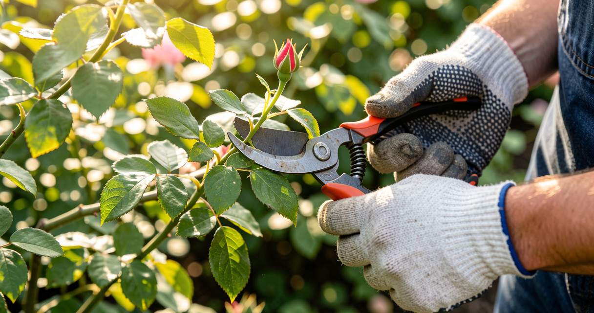 Taille d'un rosier buisson au sécateur avec coupe en biais au-dessus d'un bourgeon extérieur