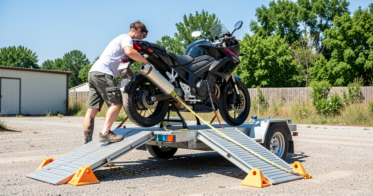 Utilisation des rampes de chargement Brico Dépôt pour charger une moto en toute sécurité avec cales et sangles