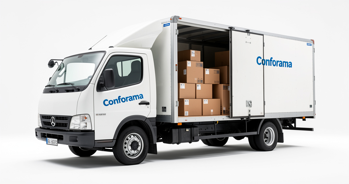 Location camion Conforama : chargement de meubles dans un utilitaire blanc devant un magasin