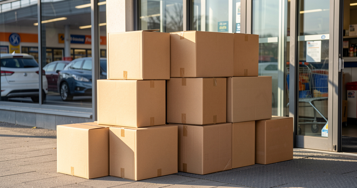Empilage de cartons gratuits devant un supermarché le matin