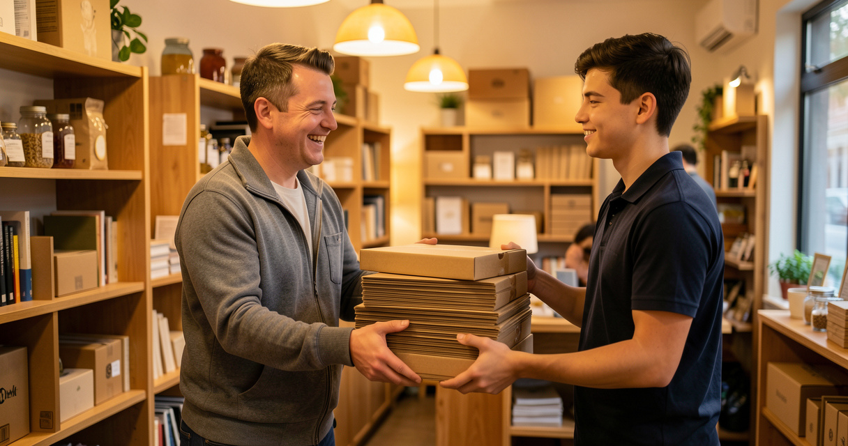 Commerçant donnant des cartons à un client pour un déménagement gratuit