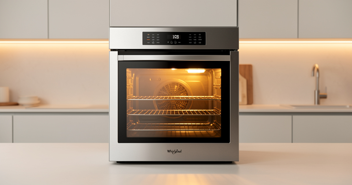 Four encastrable Whirlpool OWR551RR0B noir avec porte en verre et éclairage intérieur dans une cuisine moderne