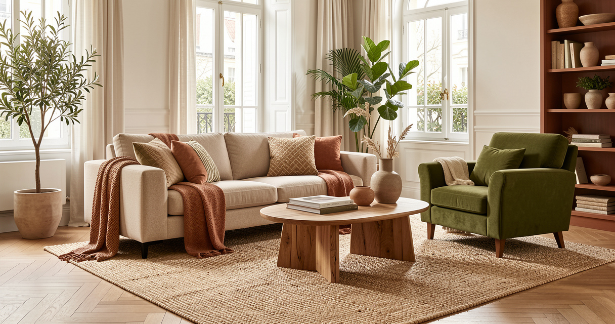 Salon chaleureux avec tapis texturé, canapé et fauteuils harmonieusement réunis.