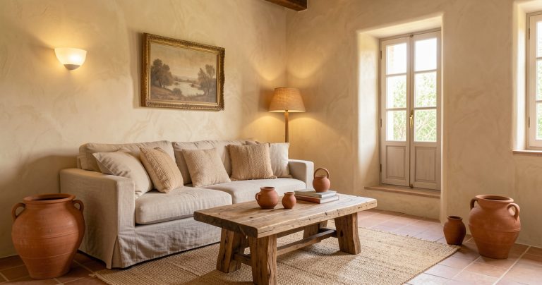 Salon chaleureux d'inspiration méditerranéenne avec murs à la chaux, lin naturel et céramiques artisanales