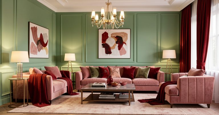 Salon aménagé avec la palette de couleurs tendance décoration 2026 et mobilier écoresponsable