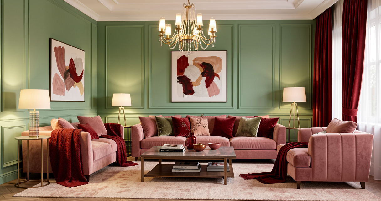 Salon aménagé avec la palette de couleurs tendance décoration 2026 et mobilier écoresponsable