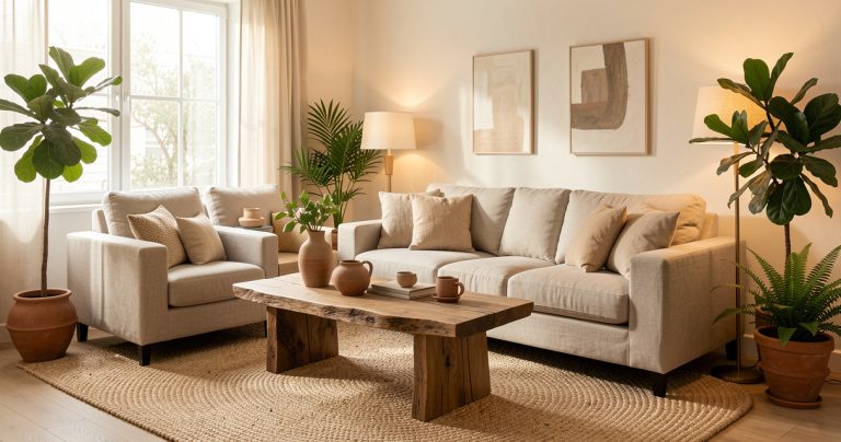 Salon chaleureux décoré selon les tendances 2026 avec mobilier en bois et matières naturelles