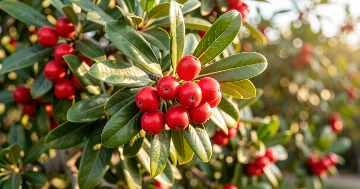 Arbousier comestible : fruits rouges mûrs de l'arbousier sur l'arbre, fin de saison.
