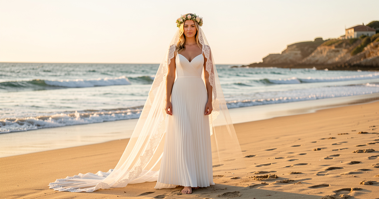 Mariage de Bérengère Krief en bord de mer avec robe cygne et voile dentelle