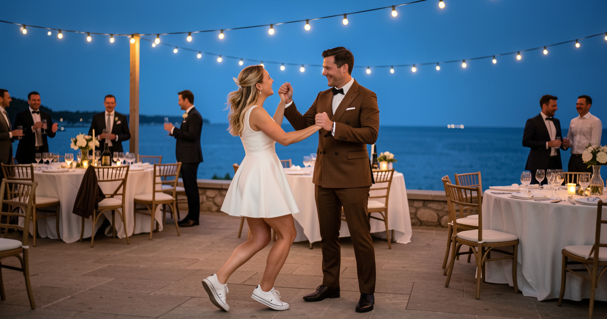 Pascal Lelli et Bérengère Krief dansant à leur mariage secret en soirée