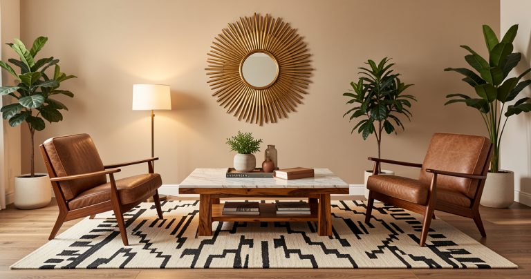 Salon moderne décoré avec un mélange de chaises vintage et de mobilier contemporain